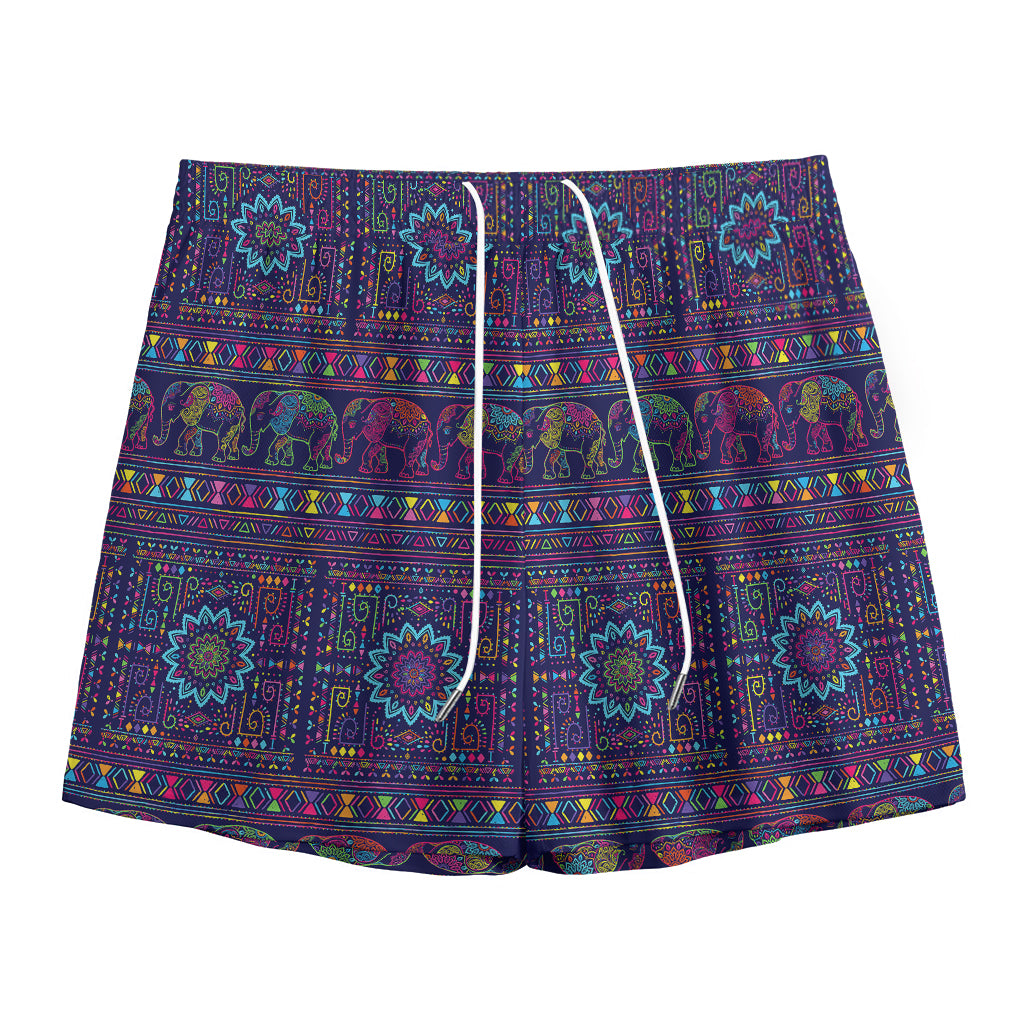 Colorful Indian Elephant Pattern Print Mesh Shorts