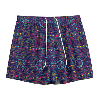 Colorful Indian Elephant Pattern Print Mesh Shorts