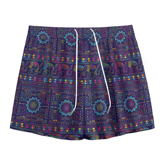 Colorful Indian Elephant Pattern Print Mesh Shorts