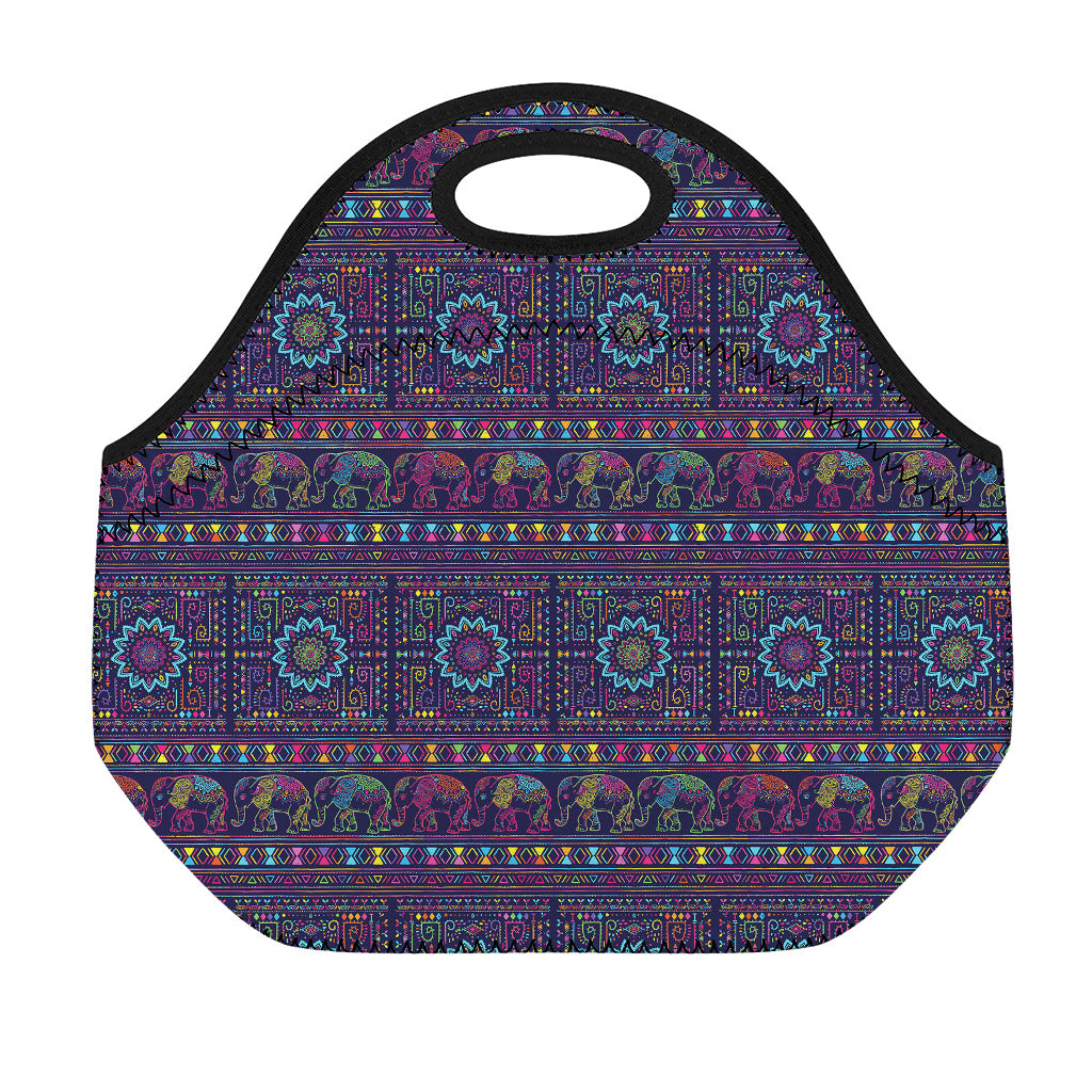 Colorful Indian Elephant Pattern Print Neoprene Lunch Bag