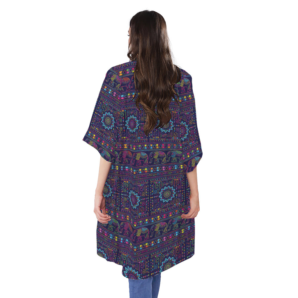 Colorful Indian Elephant Pattern Print Open Front Beach Cover Up