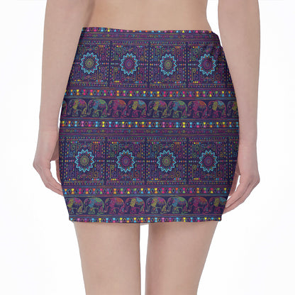 Colorful Indian Elephant Pattern Print Pencil Mini Skirt