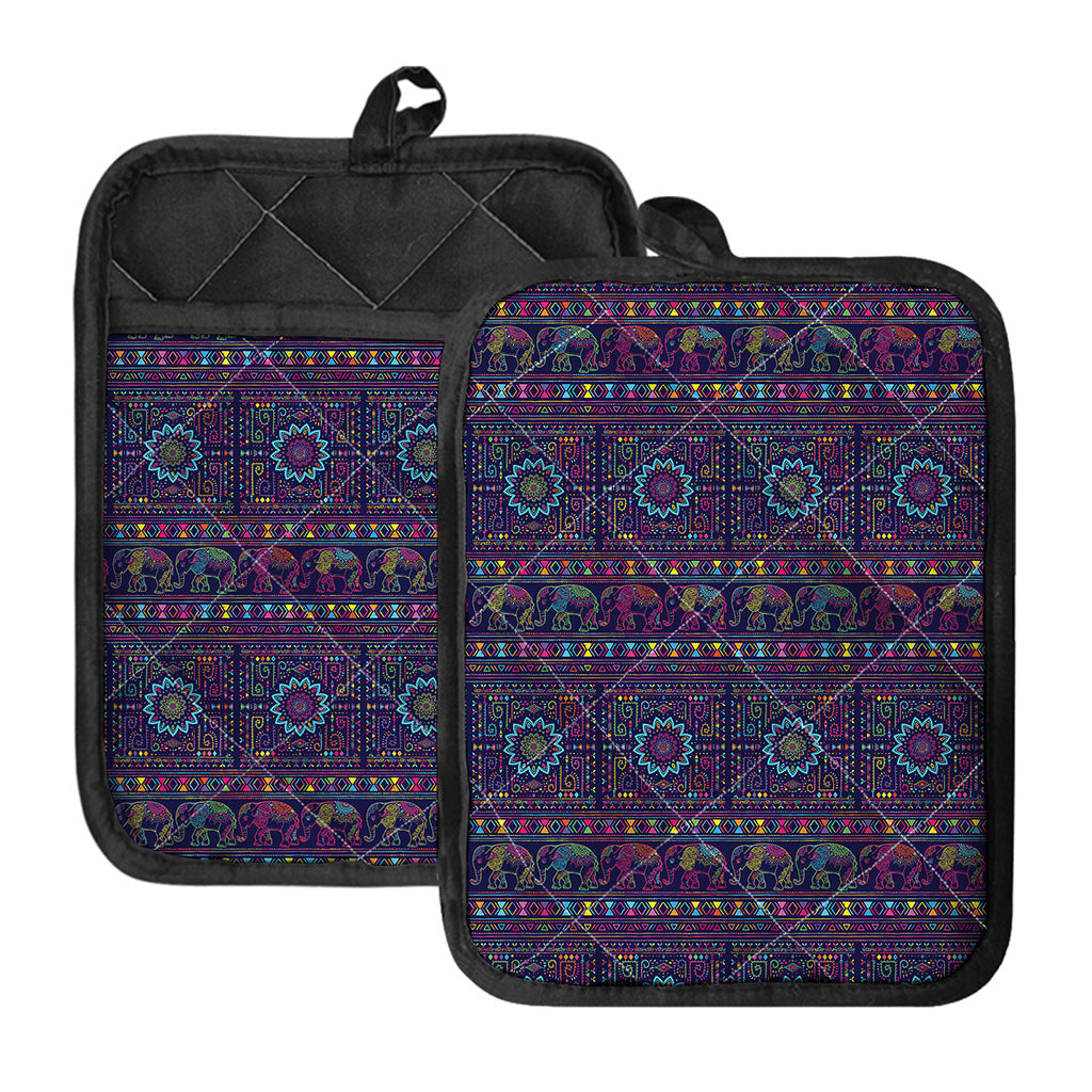 Colorful Indian Elephant Pattern Print Pot Holders With Pocket