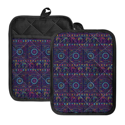 Colorful Indian Elephant Pattern Print Pot Holders With Pocket