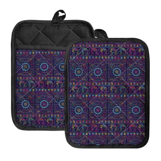 Colorful Indian Elephant Pattern Print Pot Holders With Pocket