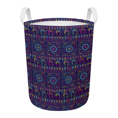 Colorful Indian Elephant Pattern Print Round Laundry Basket