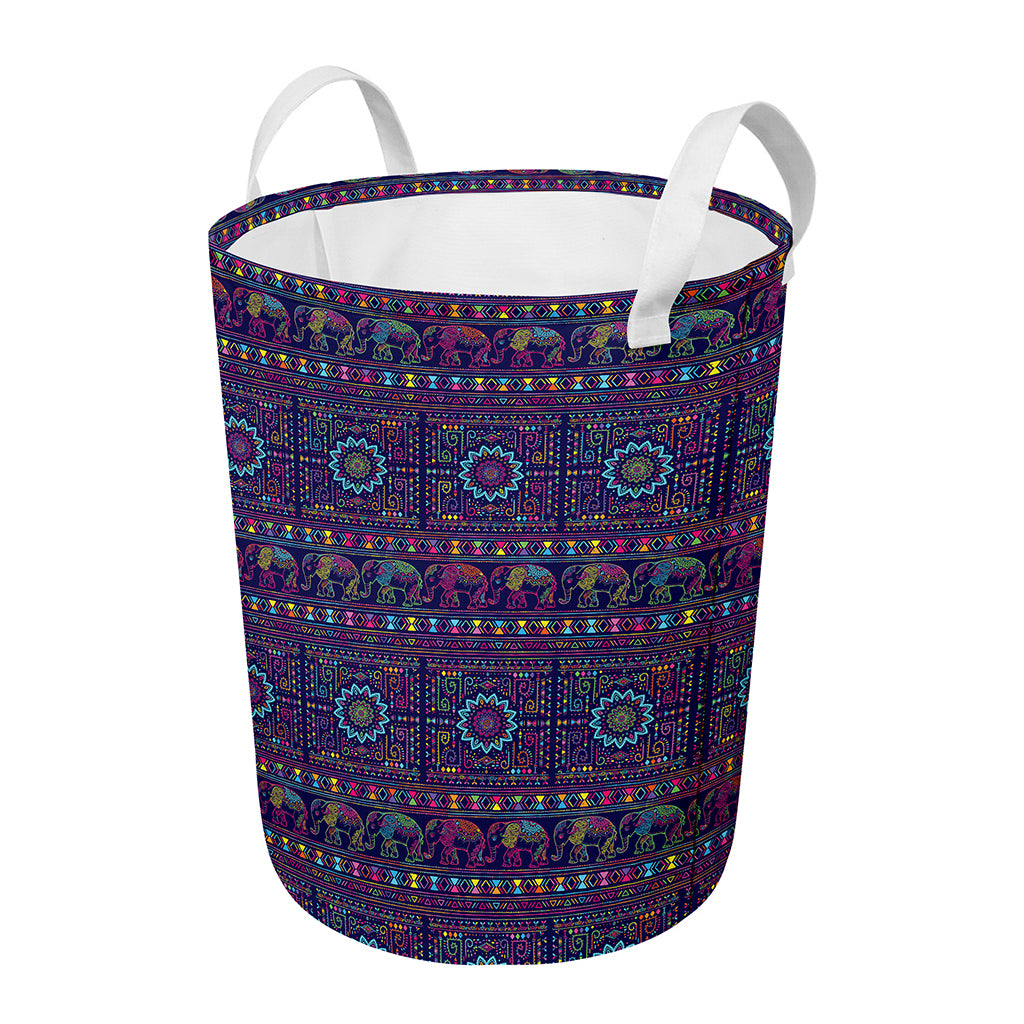 Colorful Indian Elephant Pattern Print Round Laundry Basket