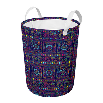 Colorful Indian Elephant Pattern Print Round Laundry Basket