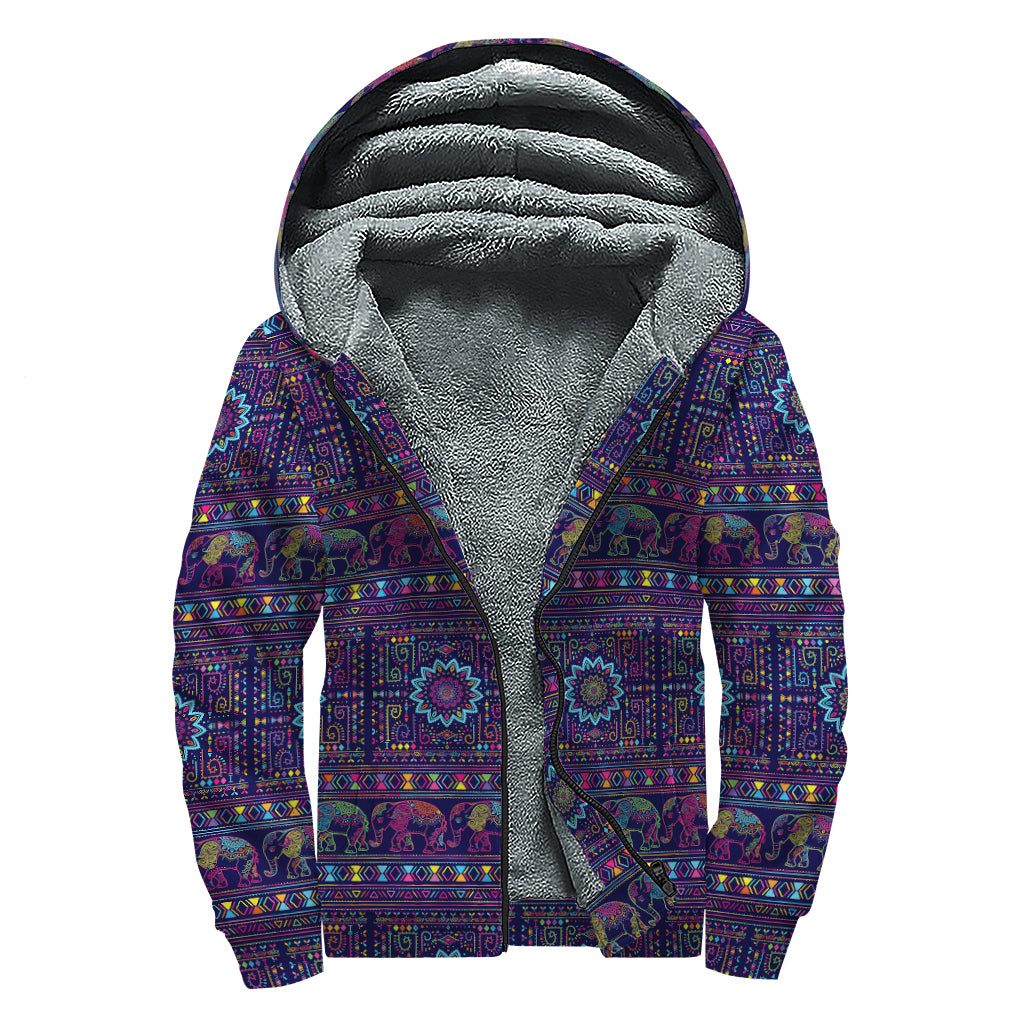 Colorful Indian Elephant Pattern Print Sherpa Lined Zip Up Hoodie