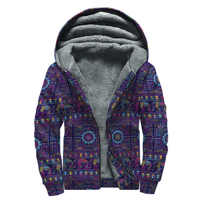Colorful Indian Elephant Pattern Print Sherpa Lined Zip Up Hoodie