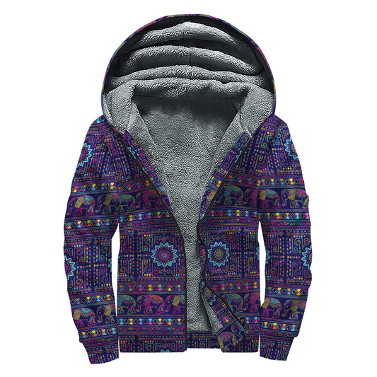 Colorful Indian Elephant Pattern Print Sherpa Lined Zip Up Hoodie