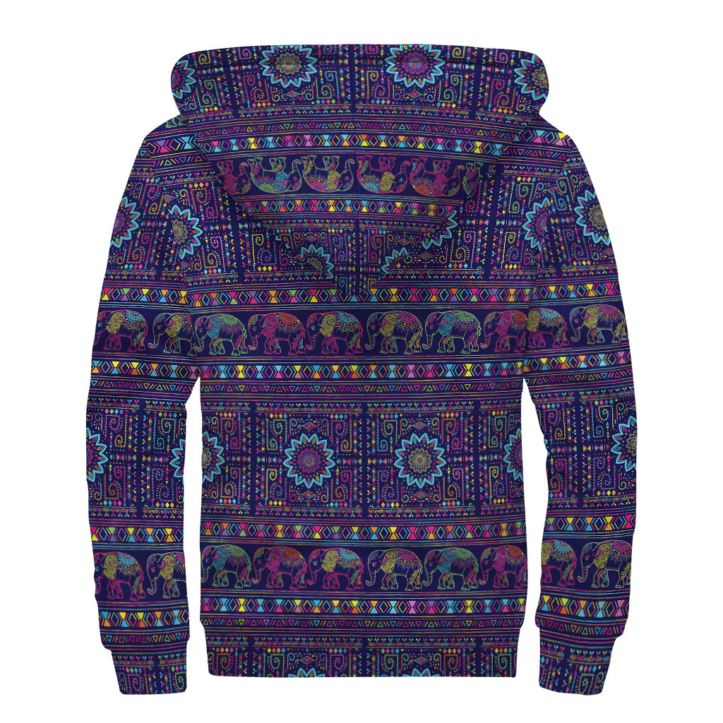 Colorful Indian Elephant Pattern Print Sherpa Lined Zip Up Hoodie