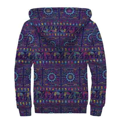 Colorful Indian Elephant Pattern Print Sherpa Lined Zip Up Hoodie