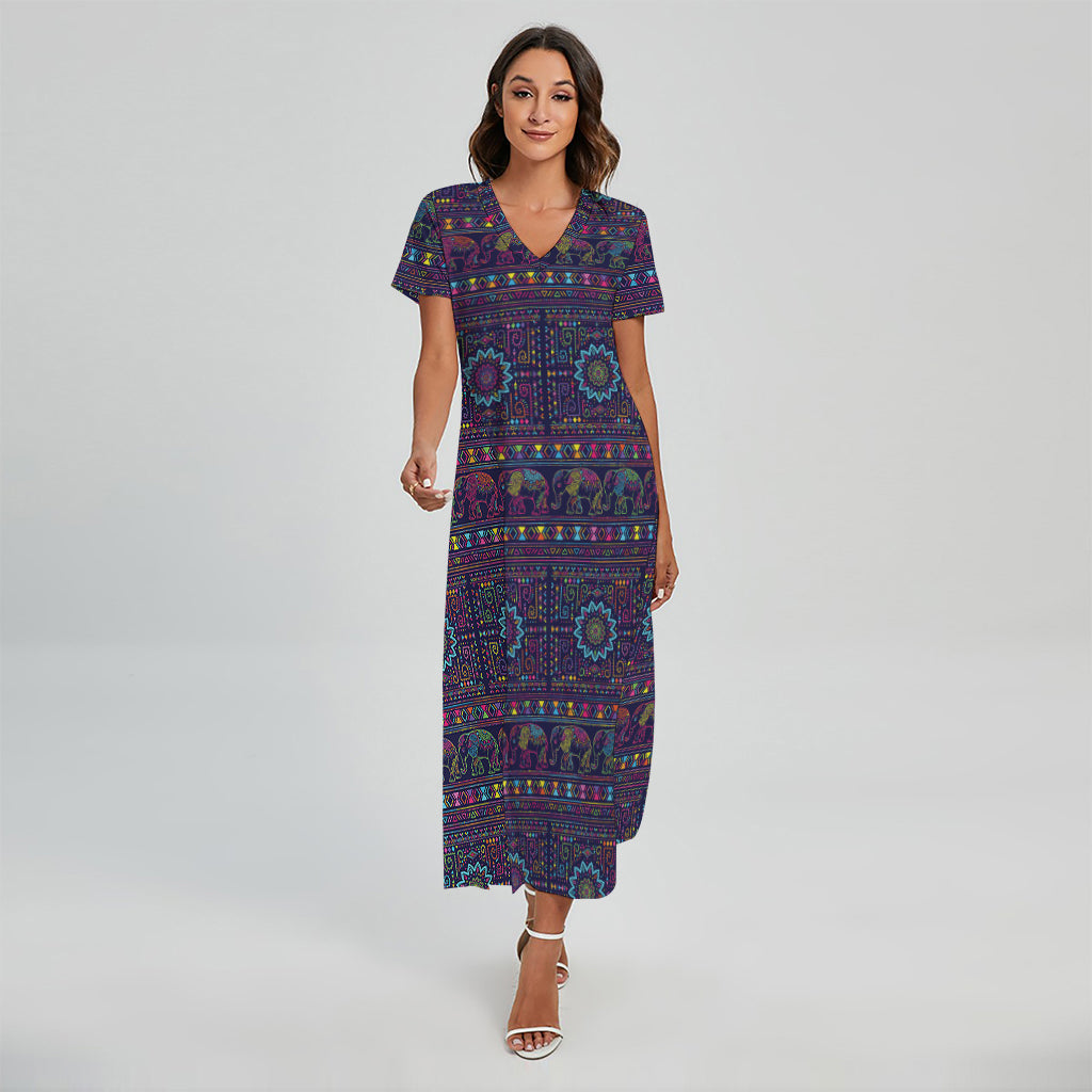 Colorful Indian Elephant Pattern Print Short Sleeve Maxi Dress