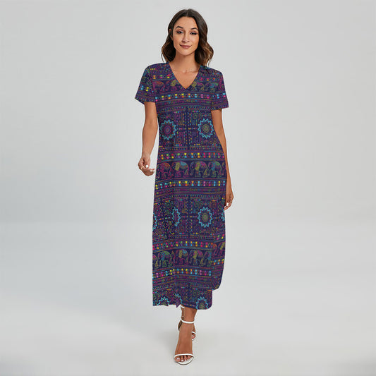 Colorful Indian Elephant Pattern Print Short Sleeve Maxi Dress
