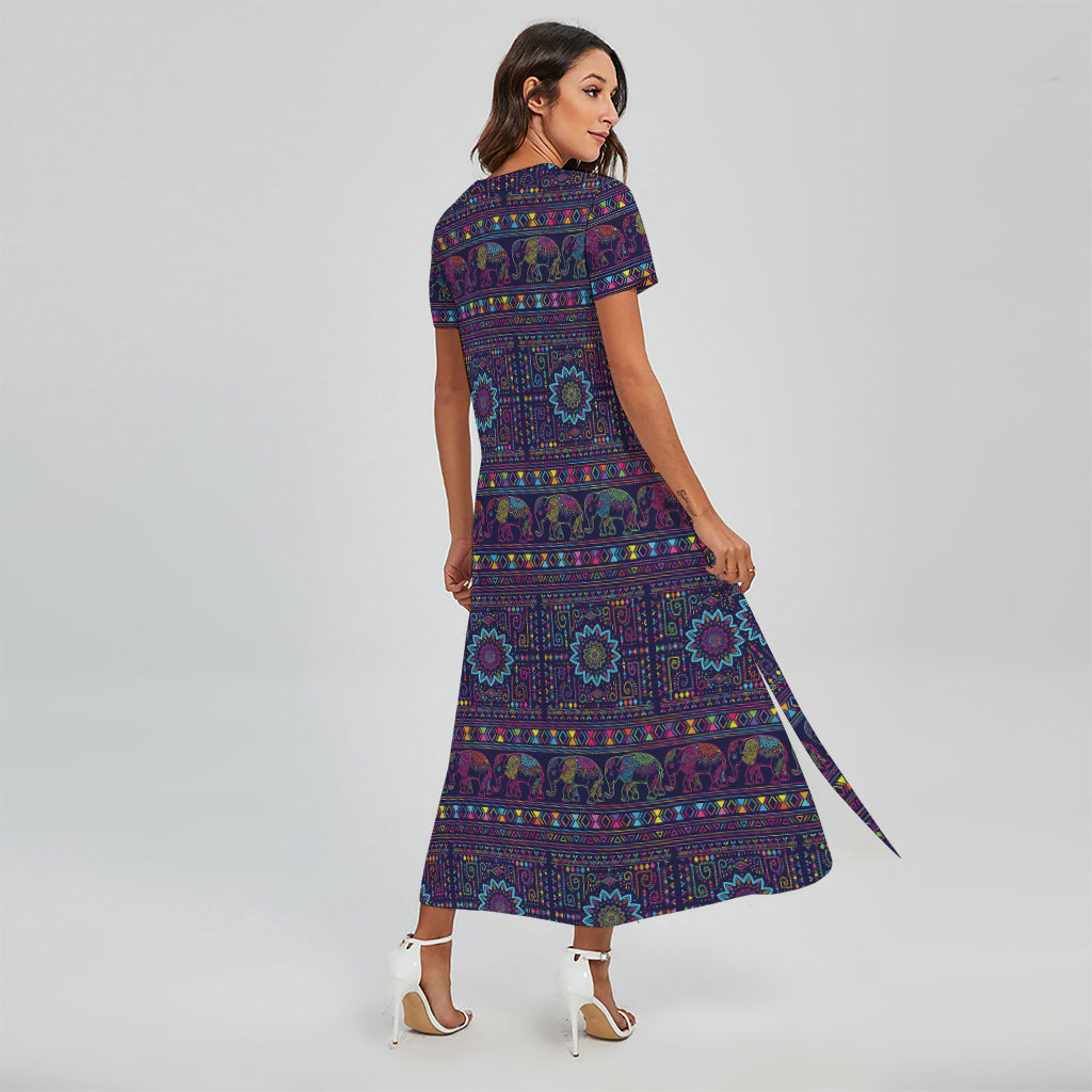 Colorful Indian Elephant Pattern Print Short Sleeve Maxi Dress