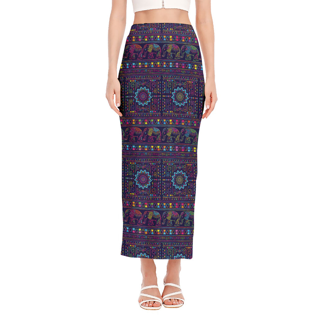 Colorful Indian Elephant Pattern Print Side Slit Maxi Skirt