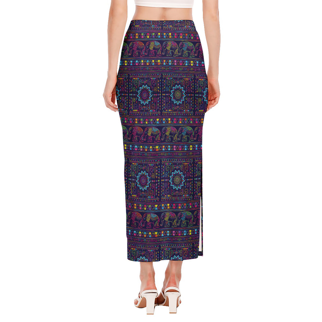Colorful Indian Elephant Pattern Print Side Slit Maxi Skirt