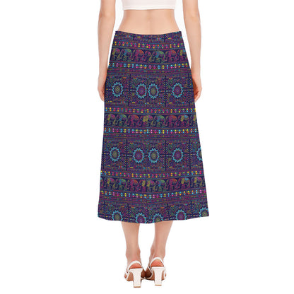 Colorful Indian Elephant Pattern Print Side Slit Midi Skirt