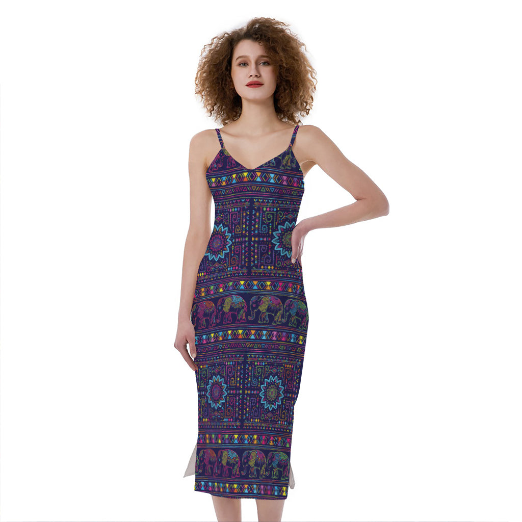 Colorful Indian Elephant Pattern Print Slim Fit Midi Cami Dress