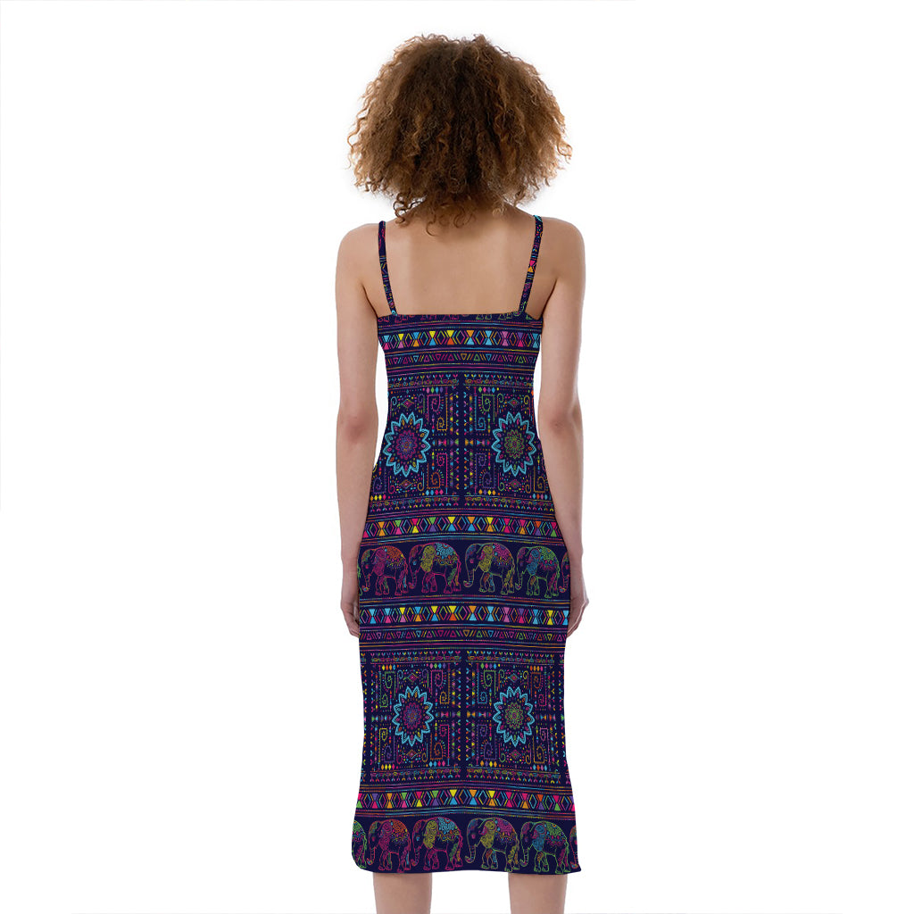 Colorful Indian Elephant Pattern Print Slim Fit Midi Cami Dress