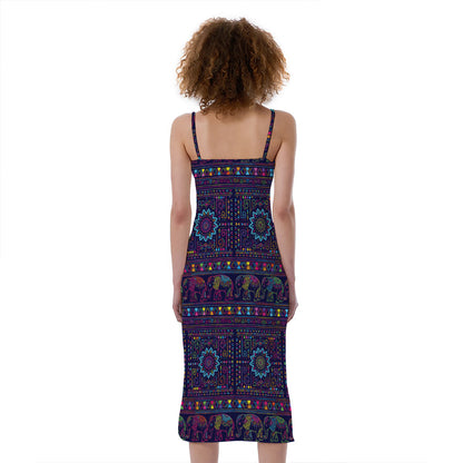 Colorful Indian Elephant Pattern Print Slim Fit Midi Cami Dress