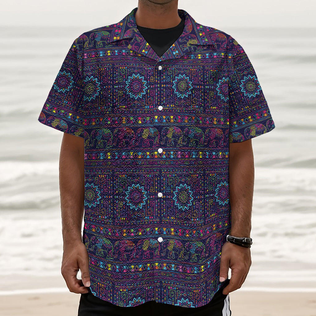 Colorful Indian Elephant Pattern Print Textured Short Sleeve Shirt
