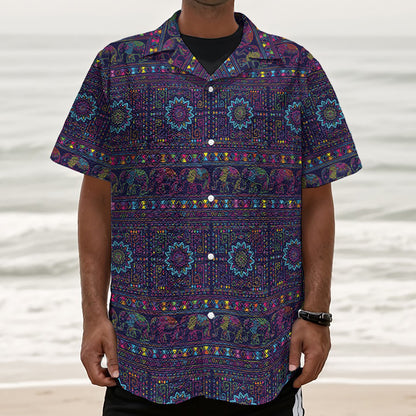 Colorful Indian Elephant Pattern Print Textured Short Sleeve Shirt