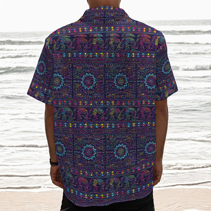 Colorful Indian Elephant Pattern Print Textured Short Sleeve Shirt