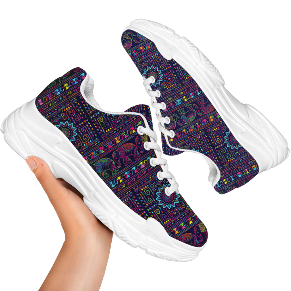 Colorful Indian Elephant Pattern Print White Chunky Shoes