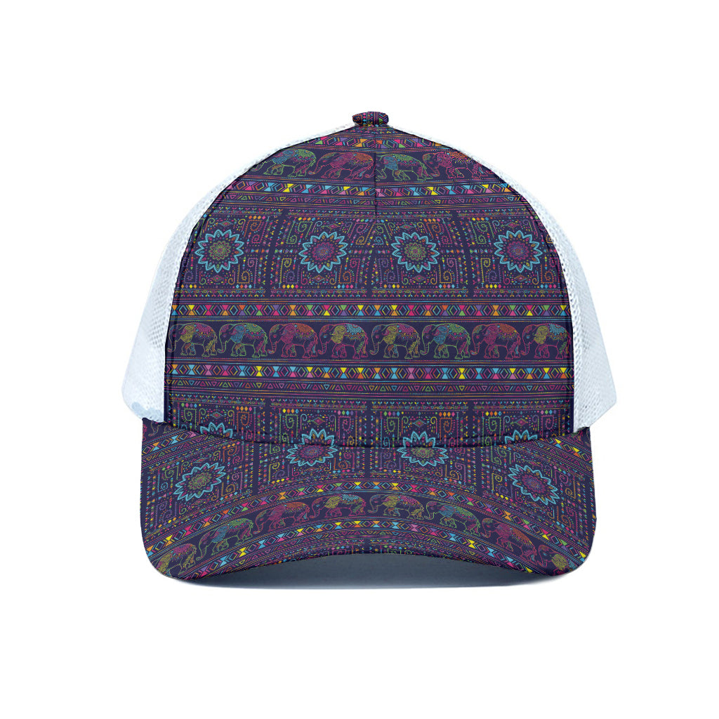 Colorful Indian Elephant Pattern Print White Mesh Trucker Cap
