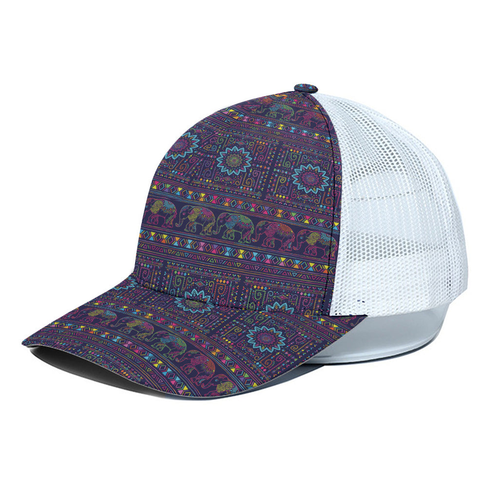 Colorful Indian Elephant Pattern Print White Mesh Trucker Cap