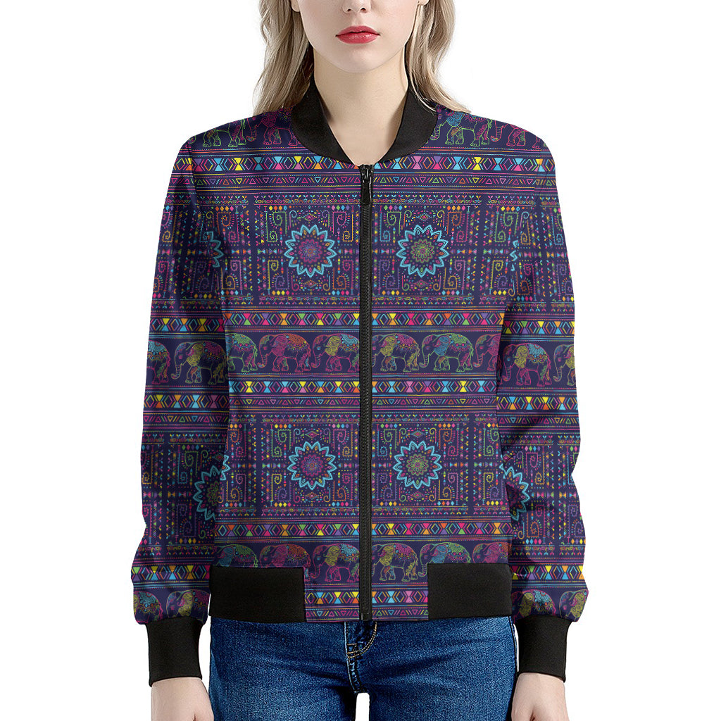 Colorful Indian Elephant Pattern Print Women's Bomber Jacket