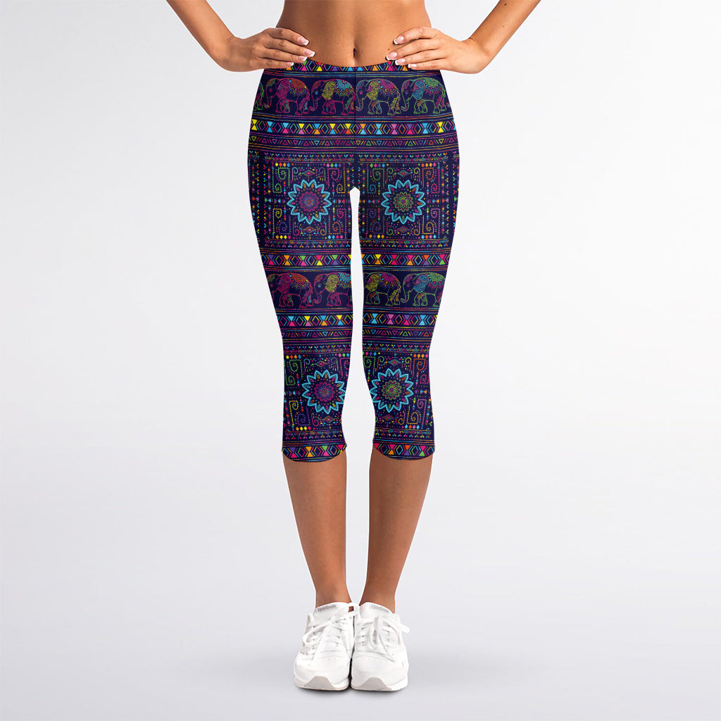 Colorful Indian Elephant Pattern Print Women's Capri Leggings