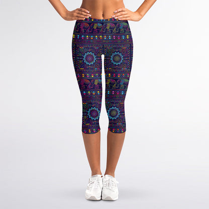 Colorful Indian Elephant Pattern Print Women's Capri Leggings