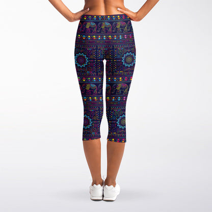Colorful Indian Elephant Pattern Print Women's Capri Leggings