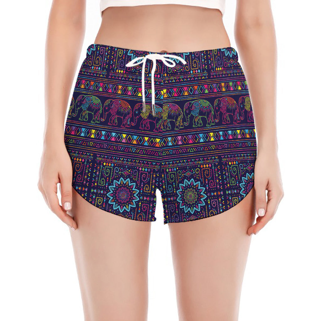 Colorful Indian Elephant Pattern Print Women's Split Running Shorts