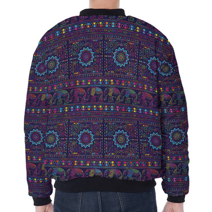 Colorful Indian Elephant Pattern Print Zip Sleeve Bomber Jacket