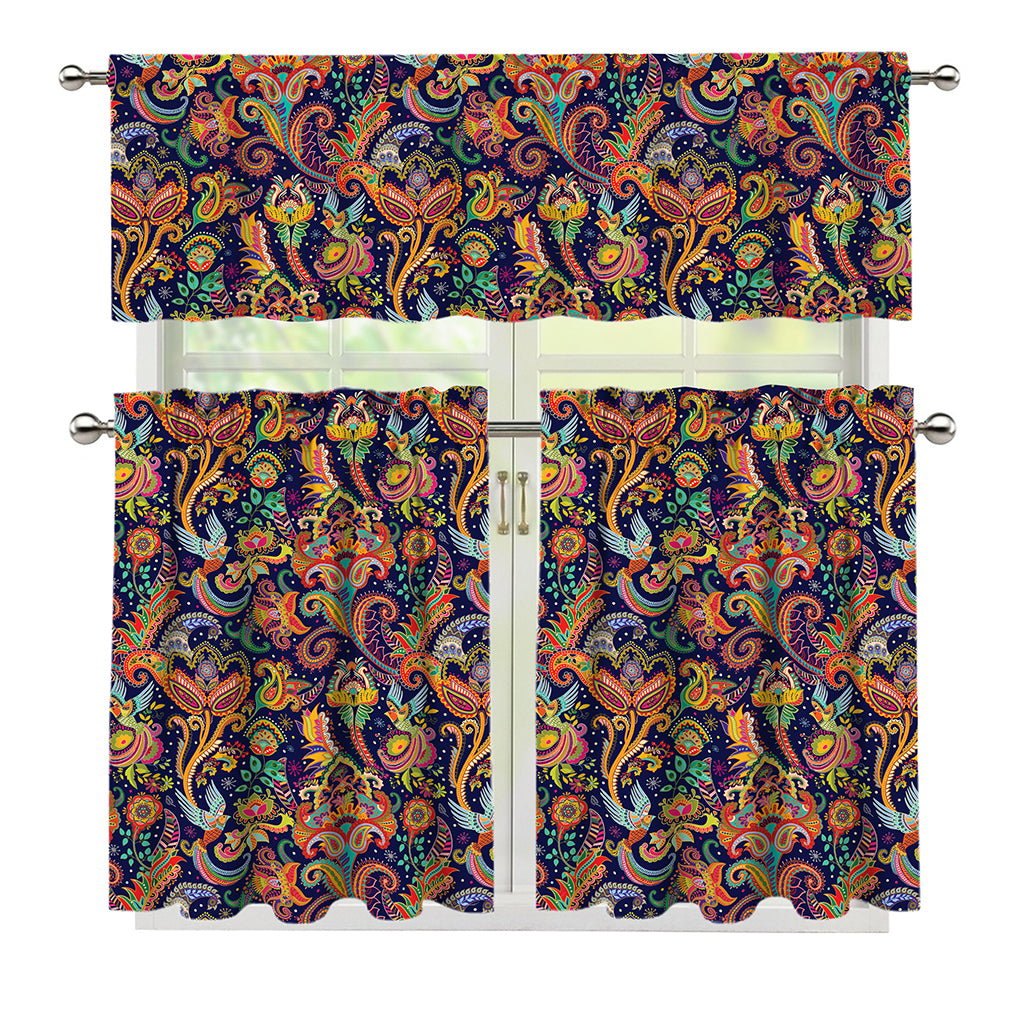 Colorful Indian Paisley Pattern Print 3 Piece Kitchen Curtains