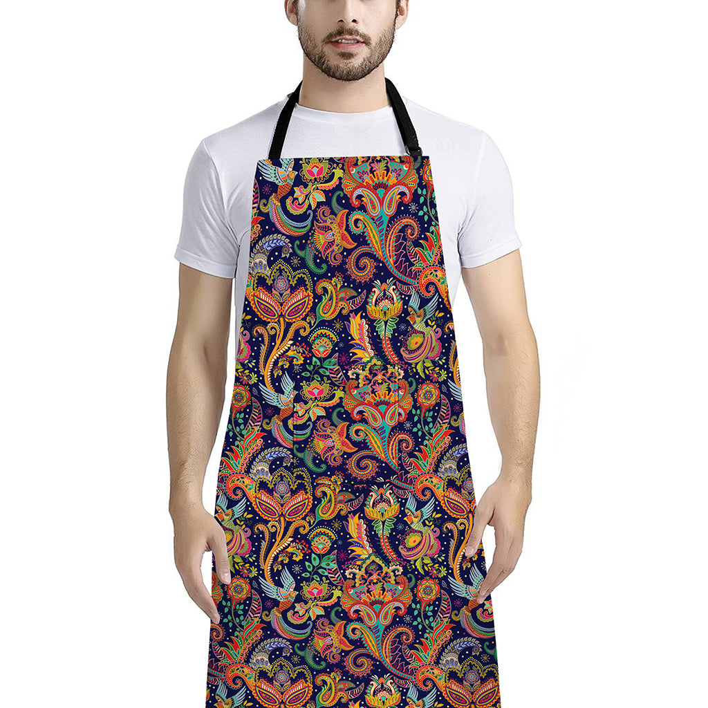 Colorful Indian Paisley Pattern Print Bib Apron With Pocket