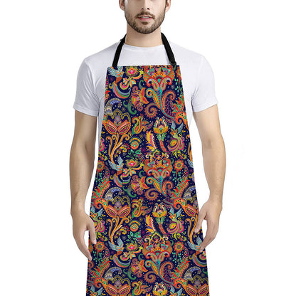 Colorful Indian Paisley Pattern Print Bib Apron With Pocket
