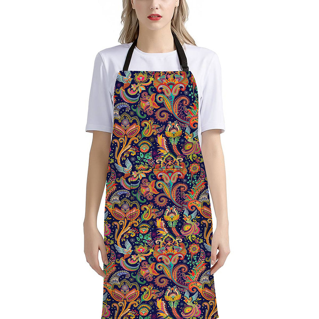 Colorful Indian Paisley Pattern Print Bib Apron With Pocket
