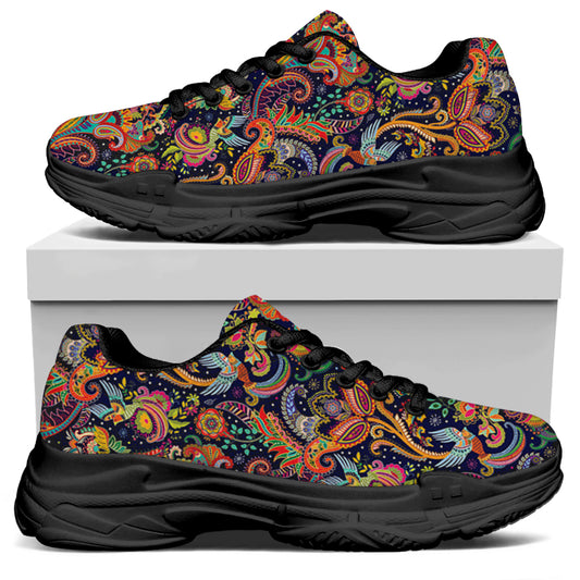 Colorful Indian Paisley Pattern Print Black Chunky Shoes