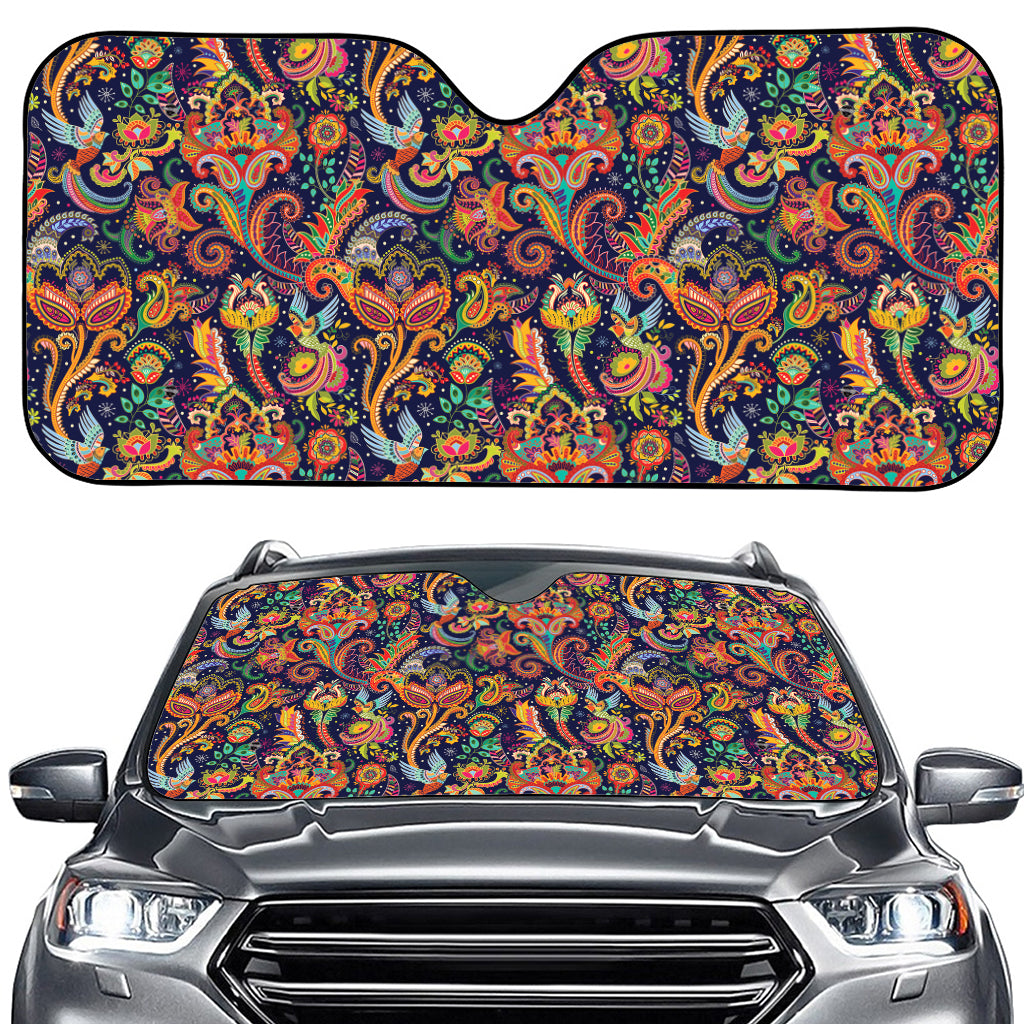 Colorful Indian Paisley Pattern Print Car Windshield Sun Shade