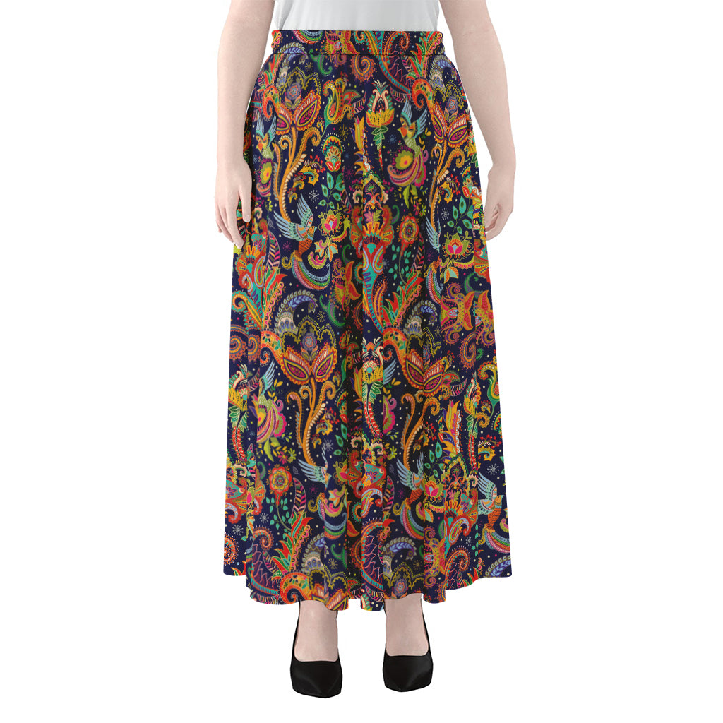 Colorful Indian Paisley Pattern Print Chiffon Maxi Skirt