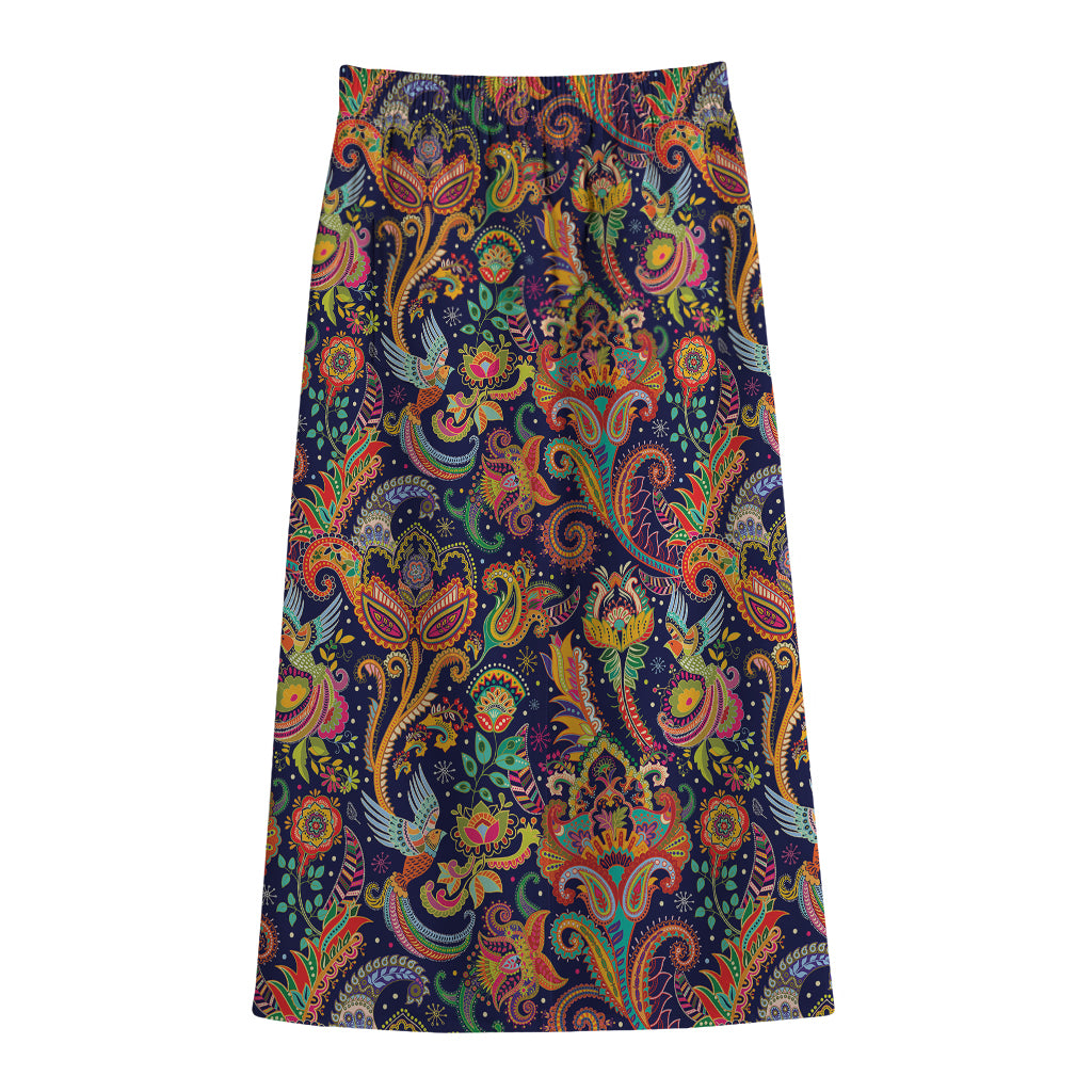 Colorful Indian Paisley Pattern Print Cotton Front Slit Maxi Skirt