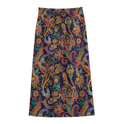 Colorful Indian Paisley Pattern Print Cotton Front Slit Maxi Skirt