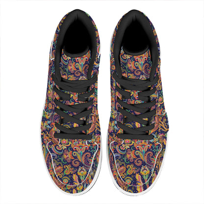 Colorful Indian Paisley Pattern Print High Top Leather Sneakers