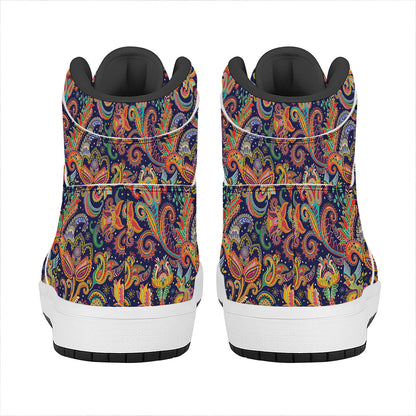 Colorful Indian Paisley Pattern Print High Top Leather Sneakers