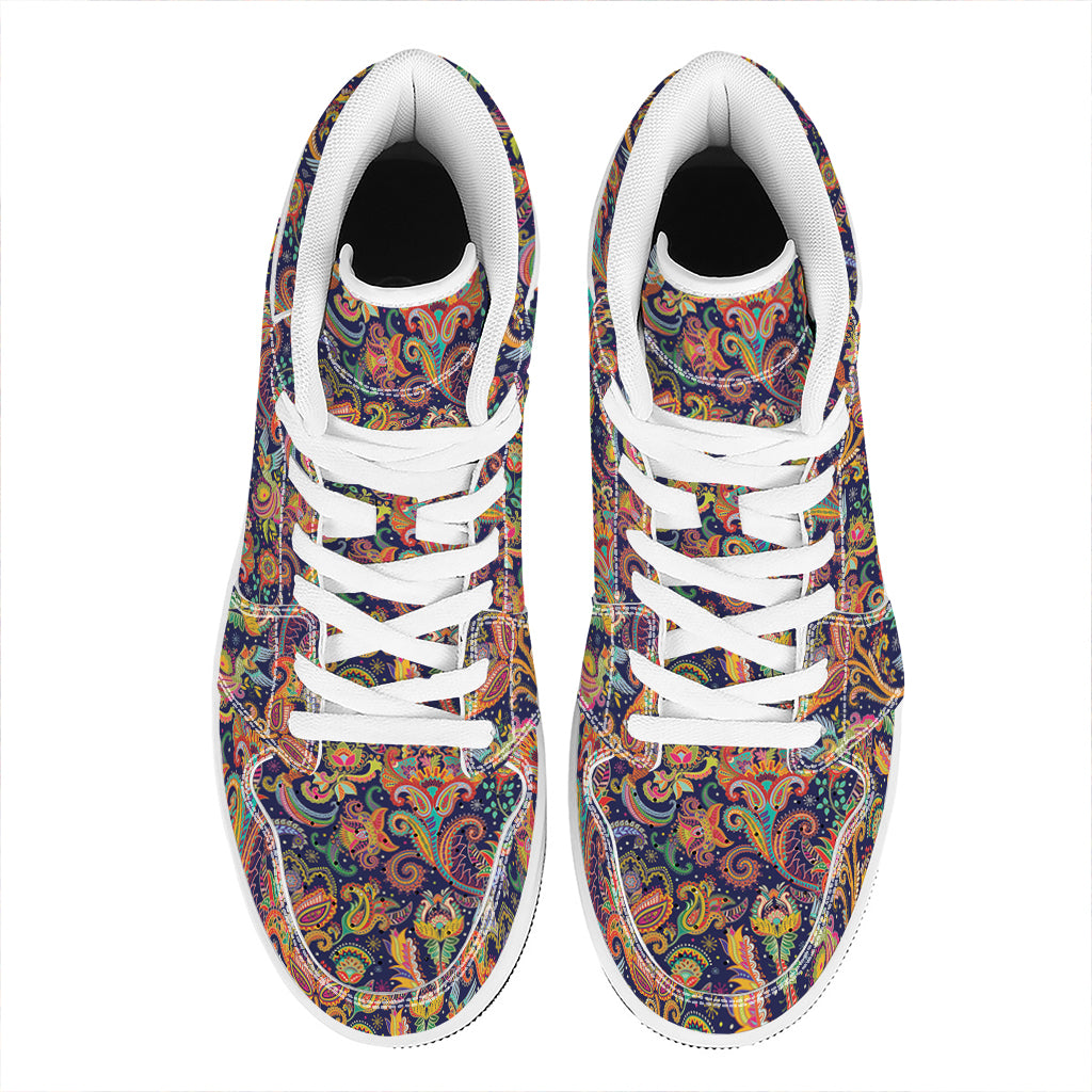 Colorful Indian Paisley Pattern Print High Top Leather Sneakers
